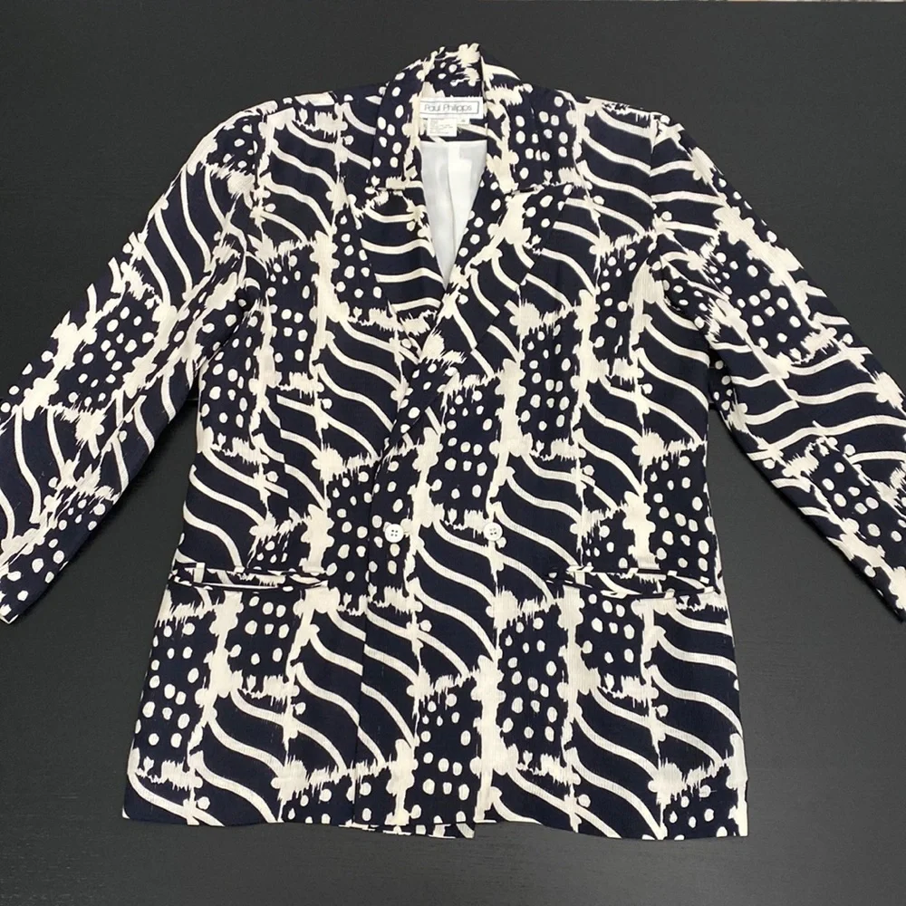 Vintage Silk Black and White Paul Philipps Double Breasted Blazer w Pockets - 8